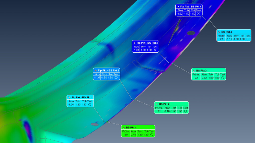 Die Auswertung von beschnittenen Kanten erfolgt über einen Kantenpunkt und einen Bezugspunkt in einem definierten Abstand von der Kante. Somit wird die Kante, wie aber auch die Rückfederung des Bauteils bewertet.