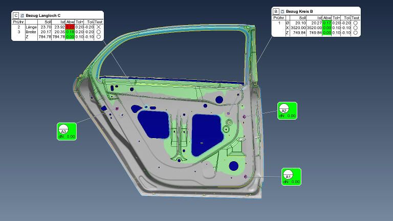 3D-Qualitätskontrolle - Autotür - Ausrichtung über RPS-Punkte. 3 Flächenpunkte Bezug „A“ (Y-Richtung), eine Kreis Bezug „B“ (X- und Z-Richtung) und ein Langloch Bezug „C“ (Z-Achse) festgelegt. 