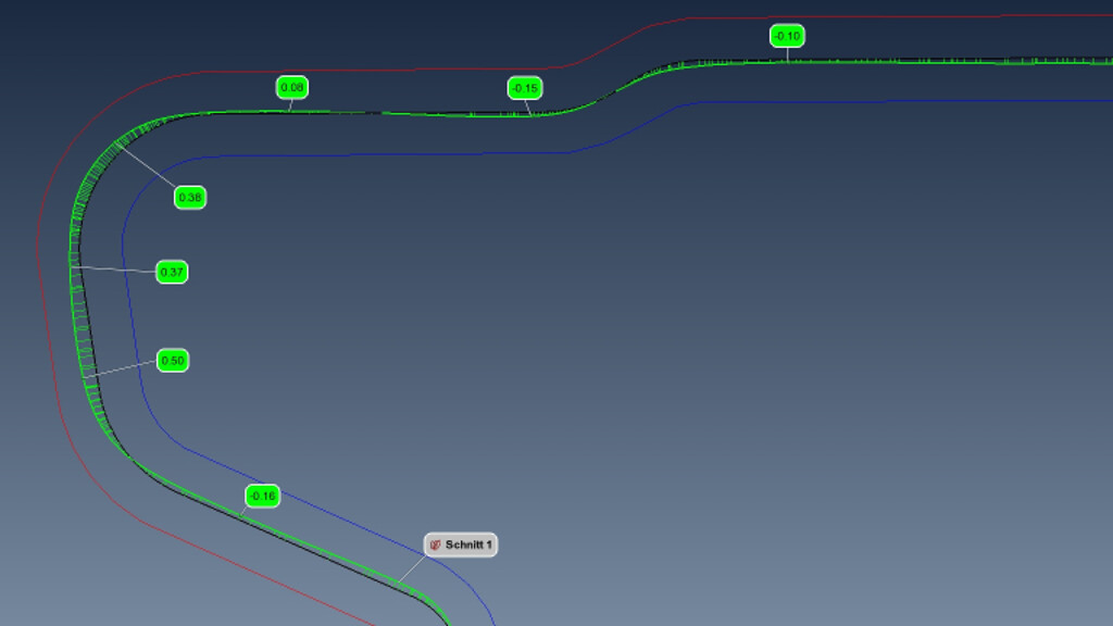 Eine Schnitt-Darstellung über definierte Oberflächen Toleranz-Zonen ermöglicht eine Darstellung in i.O (in Ordnung) oder n.i.O (nicht in Ordnung).