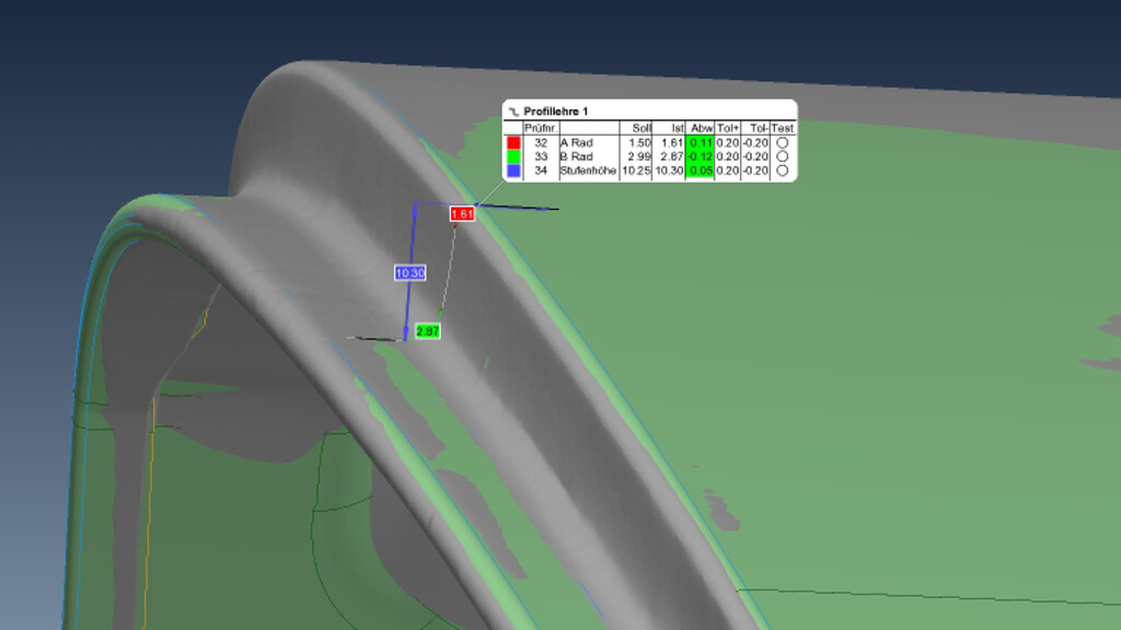Neben der Messung von konstanten und variablen Radien können Profillehren auch die Stufenhöhe und den Tangentewinkel messen sowie Tangentenpunkte und theoretische scharfe Kantenpunkte erfassen.